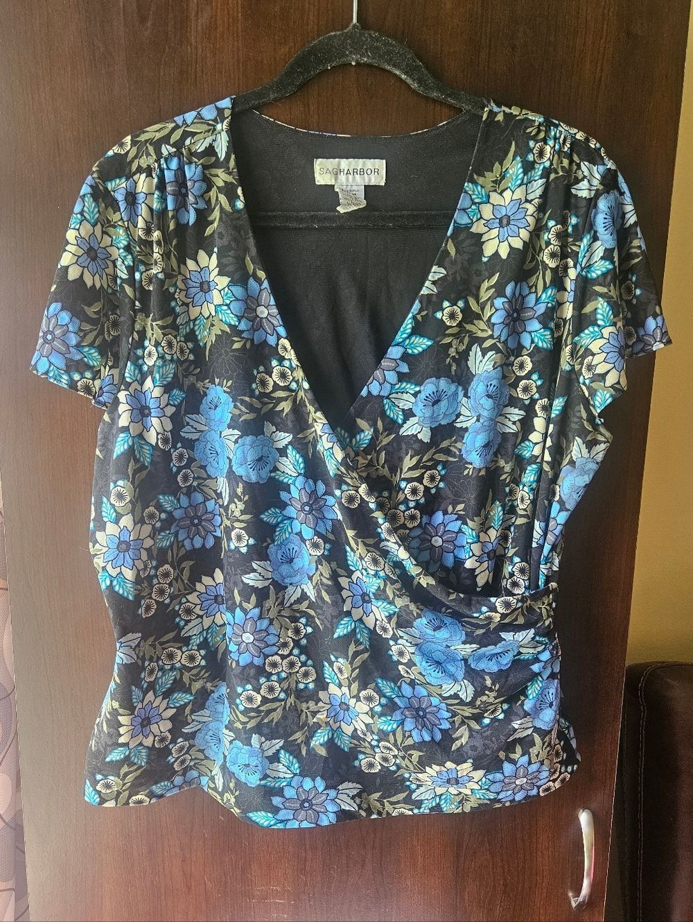 Sag Harbor Black Floral Wrap-Style Blouse with Blue Accents Size XL